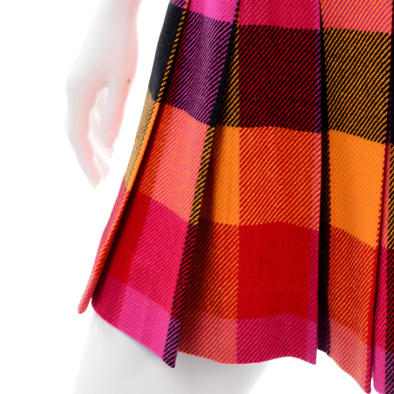 Vintage Escada Pink Yellow + Red Plaid Pleated Wool Skirt 1980s Margaretha Ley In Excellent Condition In Portland, OR