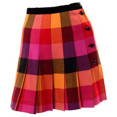 Vintage Escada Pink Yellow + Red Plaid Pleated Wool Skirt 1980s Margaretha Ley