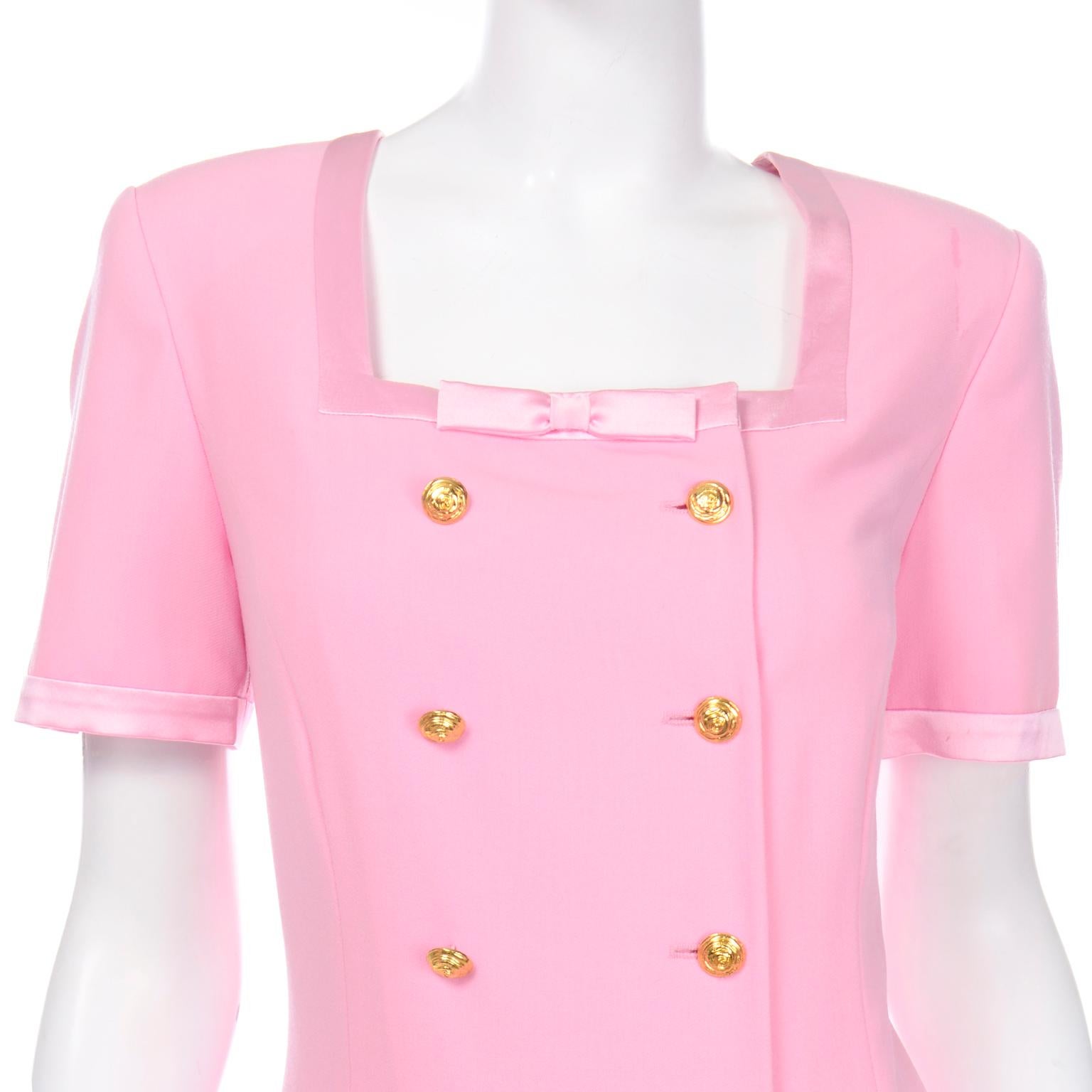 Vintage Escada PinkDress With Double Breasted Gold Buttons and Drop Waist In Excellent Condition For Sale In Portland, OR