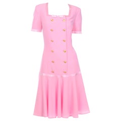 Vintage Escada PinkDress With Double Breasted Gold Buttons and Drop Waist