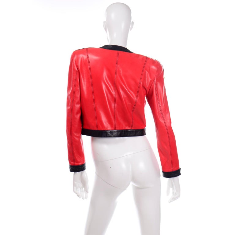 Vintage Escada Red and Black Leather Jacket With Gold Studs by ...
