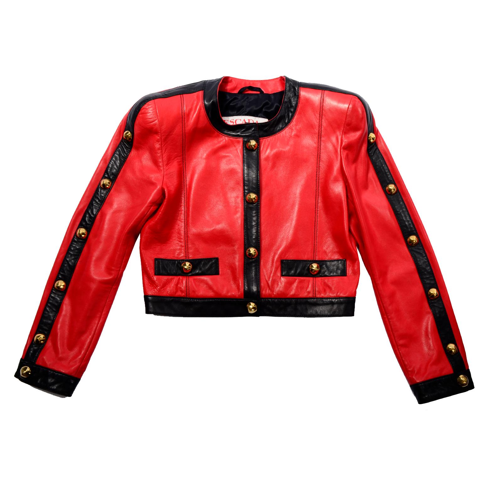 Vintage Escada Red and Black Leather Jacket With Gold Studs by Margaretha Ley In Excellent Condition In Portland, OR