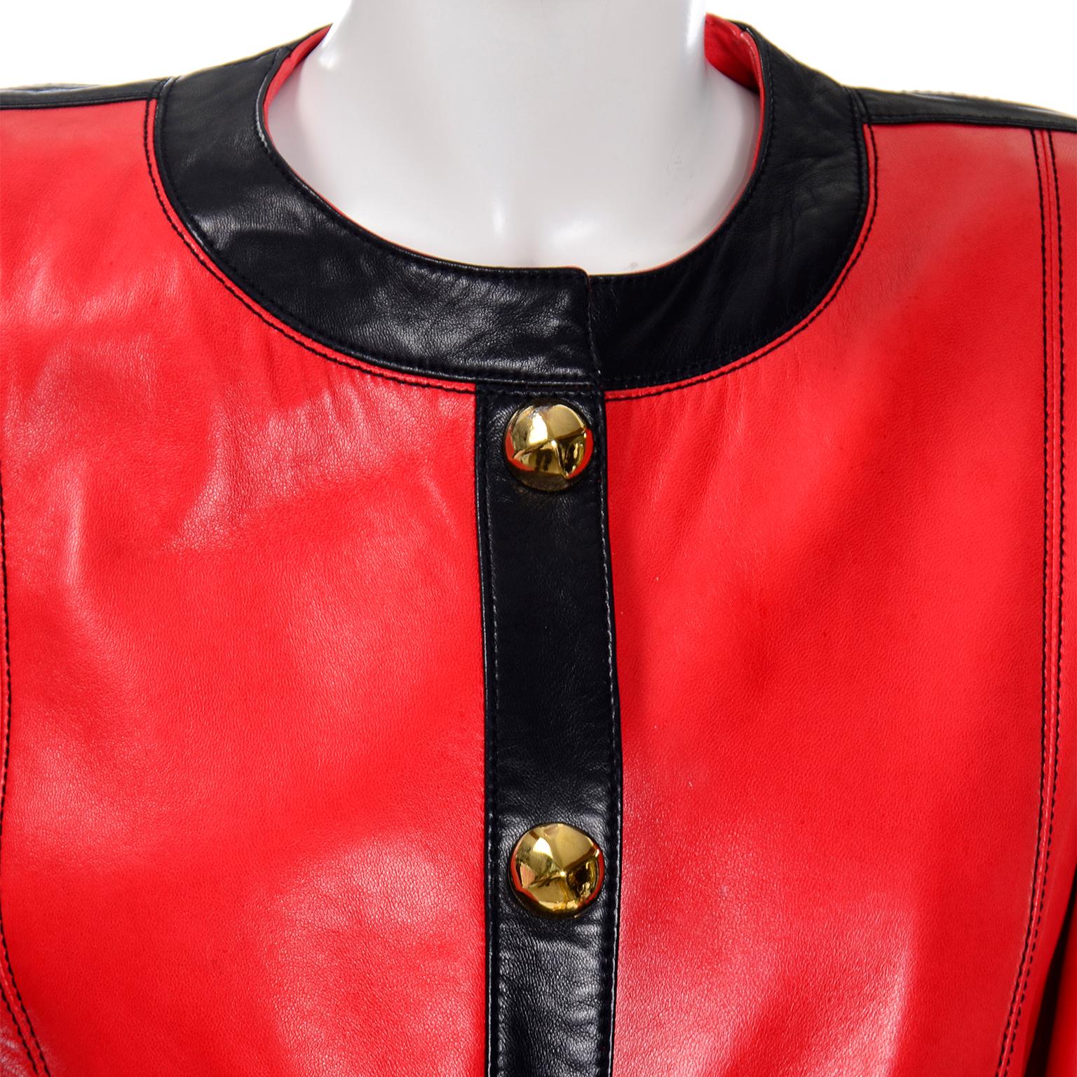 Women's Vintage Escada Red and Black Leather Jacket With Gold Studs by Margaretha Ley
