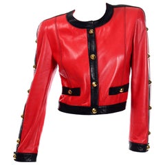 Retro Escada Red and Black Leather Jacket With Gold Studs by Margaretha Ley