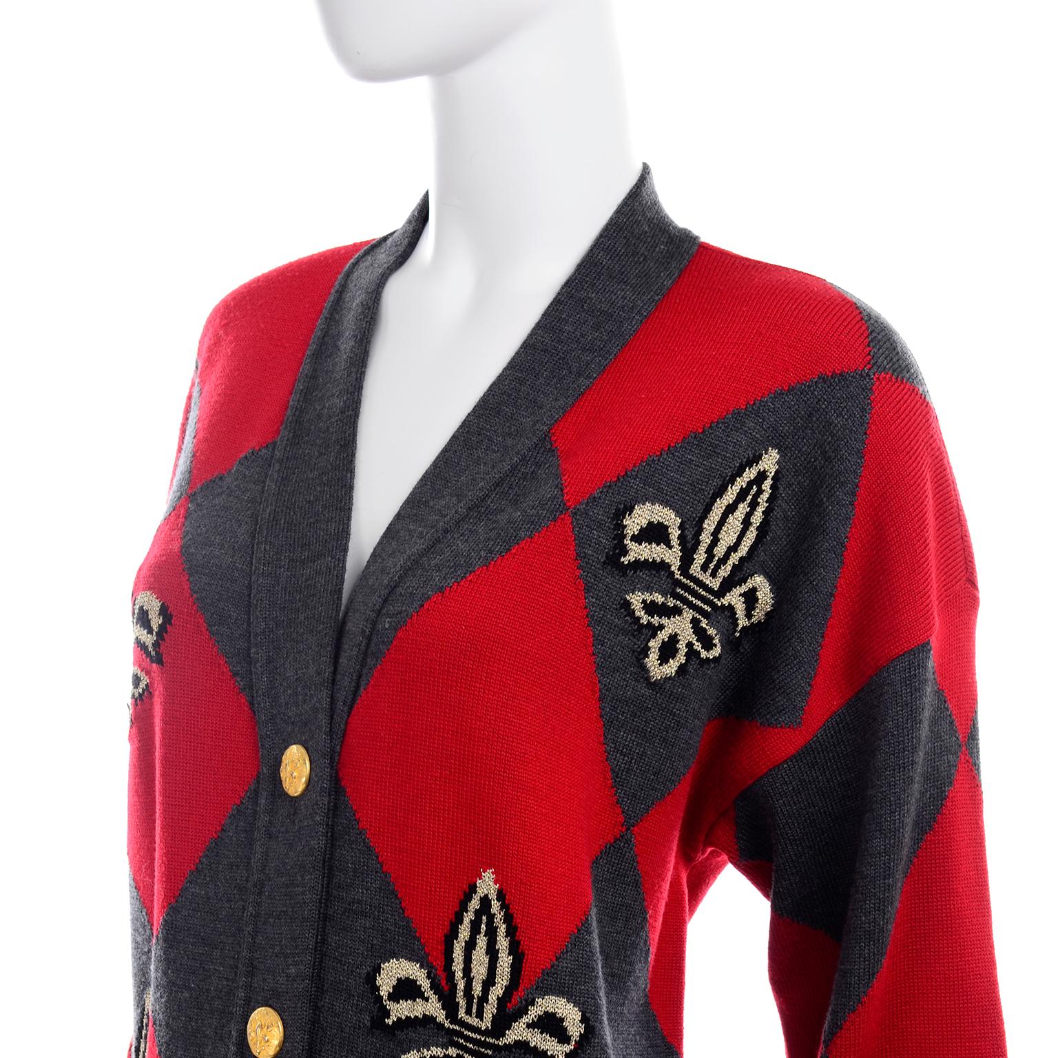 Women's Vintage Escada Red & Black Fleur De Lis Harlequin Oversized Cardigan Sweater