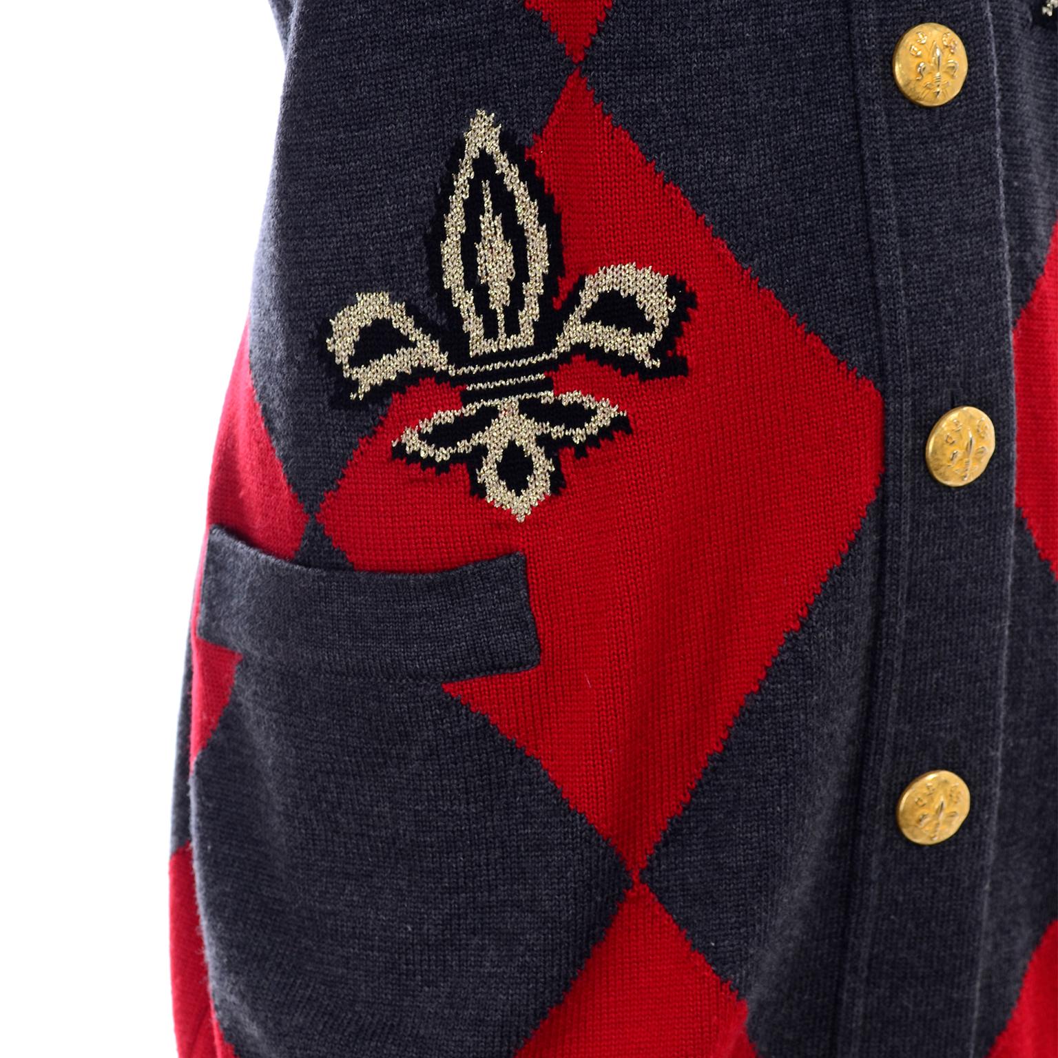 Vintage Escada Red & Black Fleur De Lis Harlequin Oversized Cardigan Sweater 1