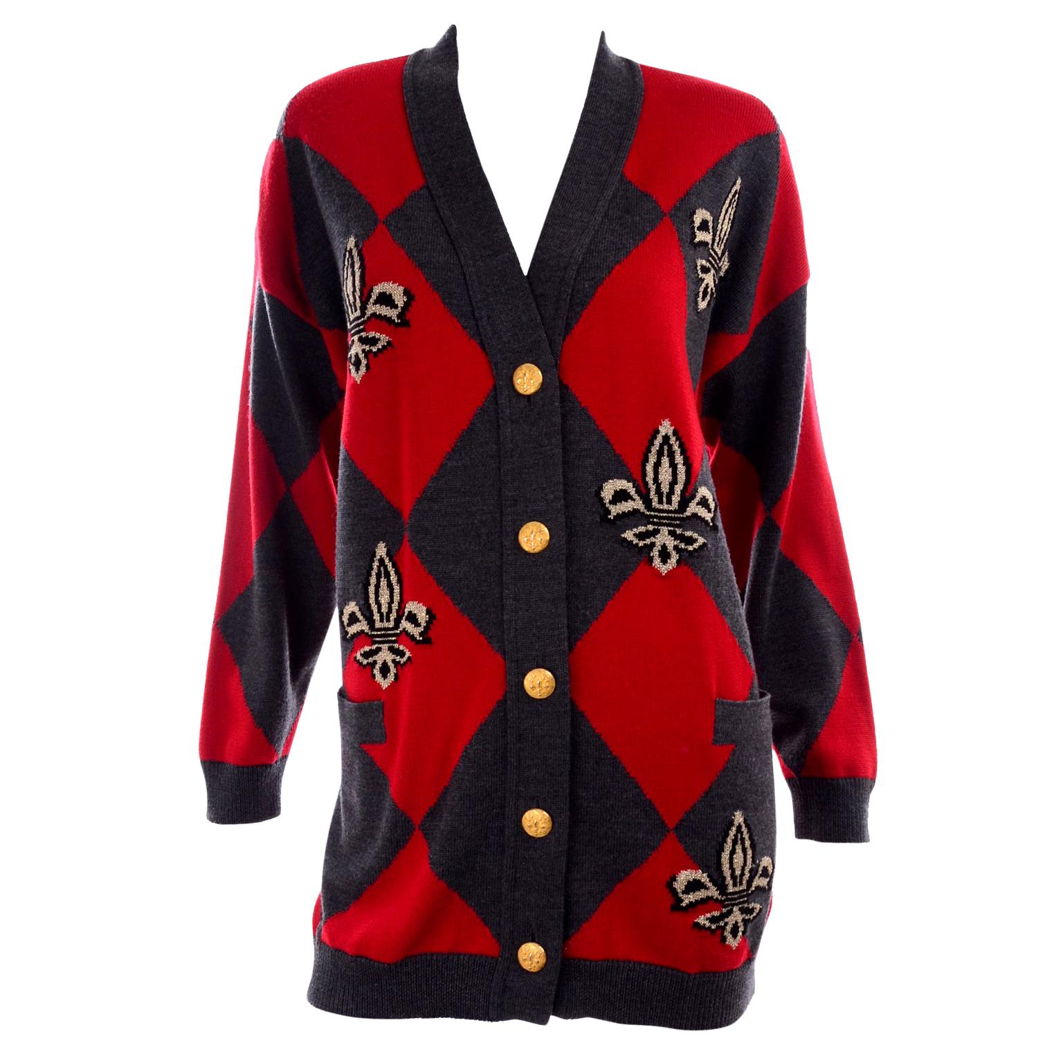 Vintage Escada Red & Black Fleur De Lis Harlequin Oversized Cardigan Sweater