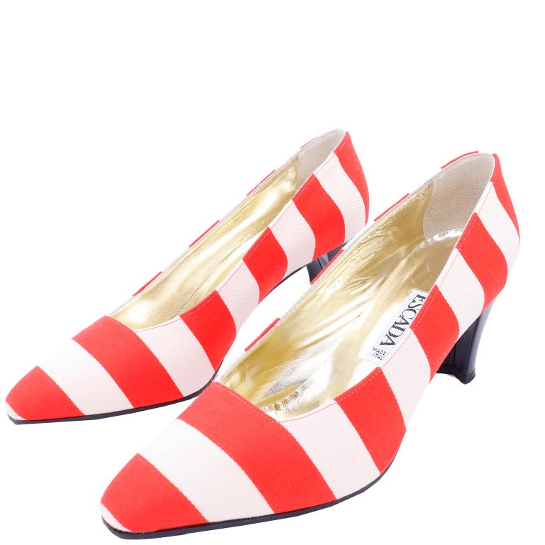 Vintage Escada Red and White Striped Shoes With Black Patent Leather ...