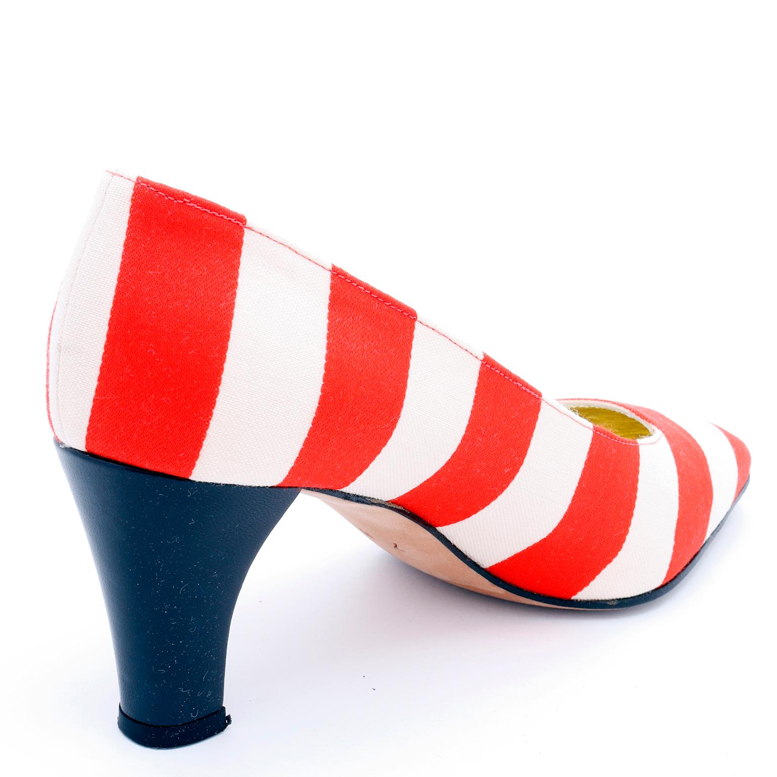 Vintage Escada Red & White Striped Shoes With Black Patent Leather Heels In Excellent Condition For Sale In Portland, OR