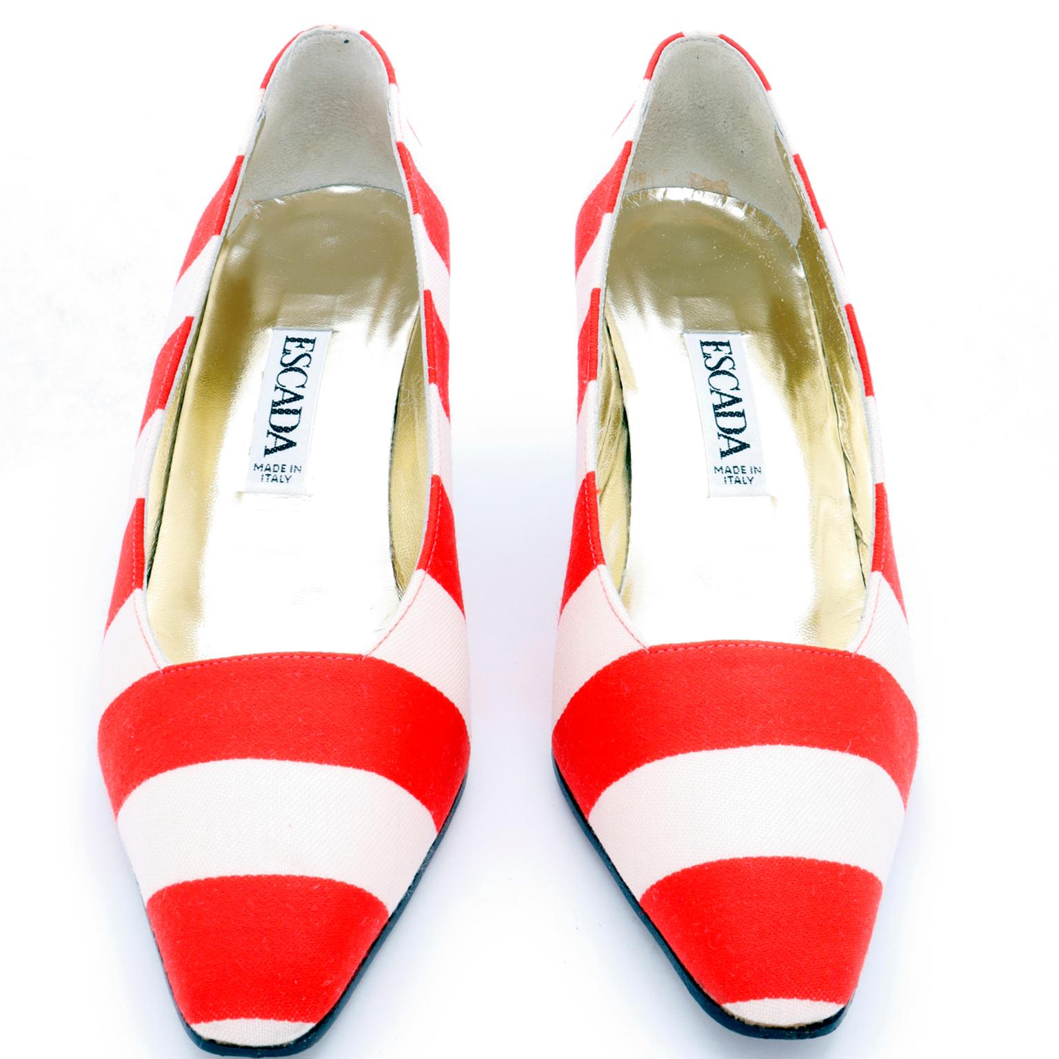 Women's Vintage Escada Red & White Striped Shoes With Black Patent Leather Heels For Sale