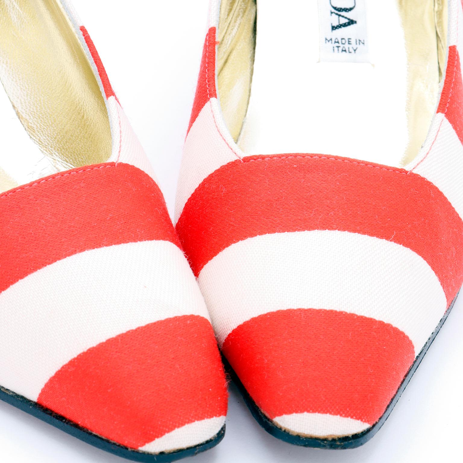 Vintage Escada Red & White Striped Shoes With Black Patent Leather Heels For Sale 1