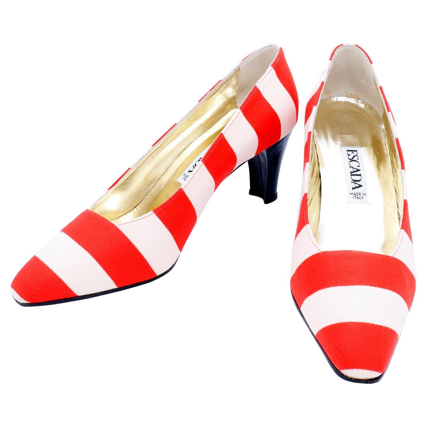 Vintage Escada Red & White Striped Shoes With Black Patent Leather Heels For Sale