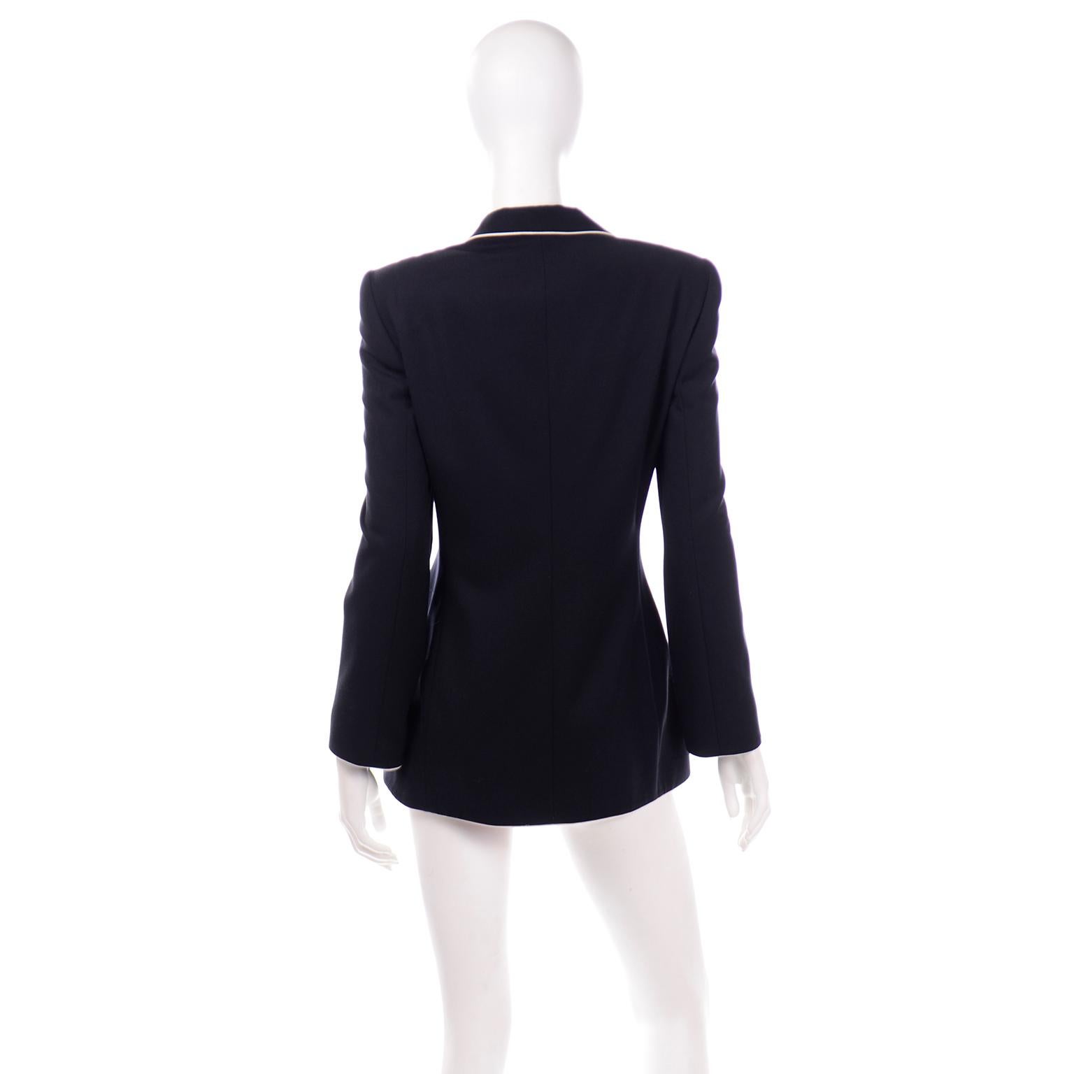 Women's Vintage Escada Saks Fifth Avenue Midnight Navy Blue Blazer Jacket w White Trim For Sale