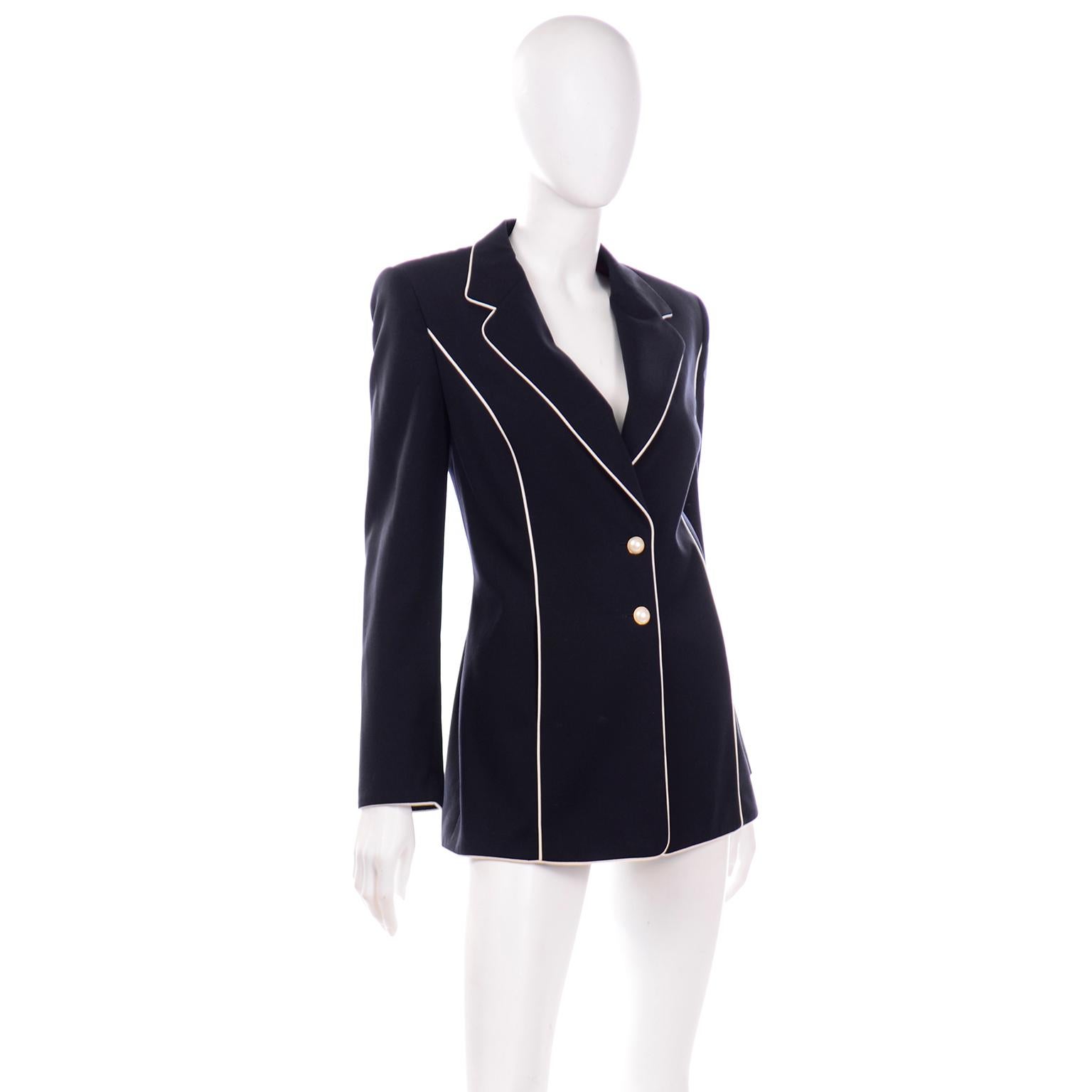 Vintage Escada Saks Fifth Avenue Midnight Navy Blue Blazer Jacket w White Trim For Sale 1