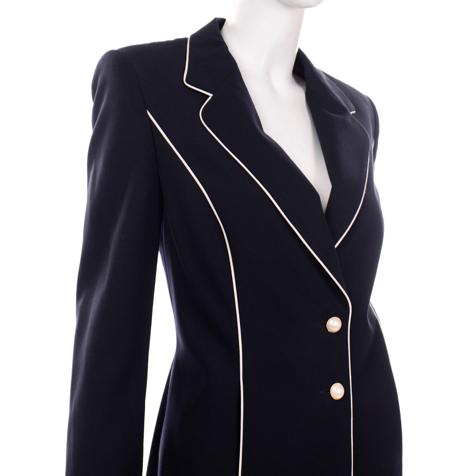 Vintage Escada Saks Fifth Avenue Midnight Navy Blue Blazer Jacket w White Trim For Sale 2