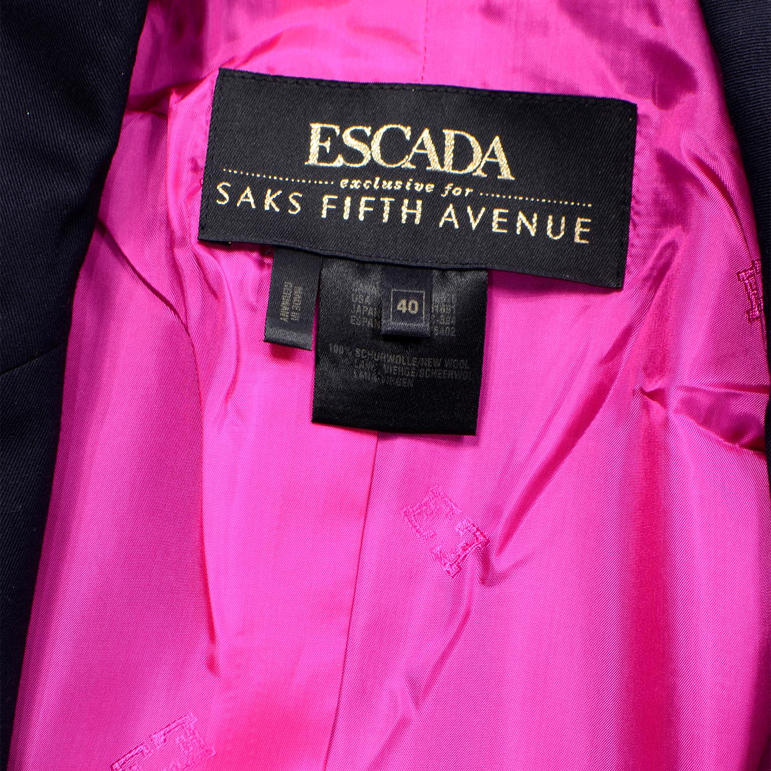 Vintage Escada Saks Fifth Avenue Midnight Navy Blue Blazer Jacket w White Trim For Sale 4