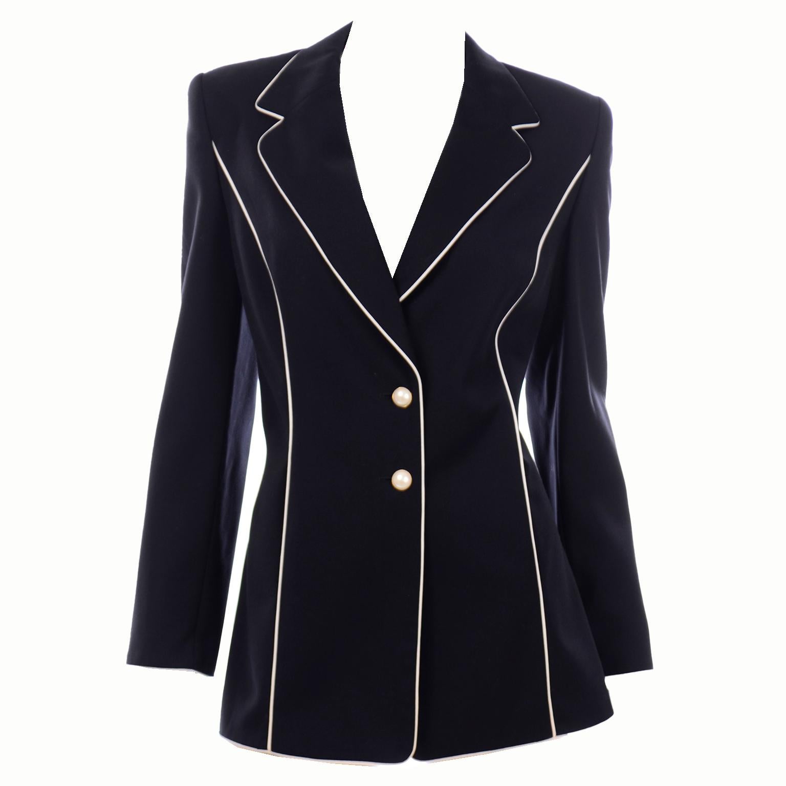 Vintage Escada Saks Fifth Avenue Midnight Navy Blue Blazer Jacket w White Trim For Sale 5