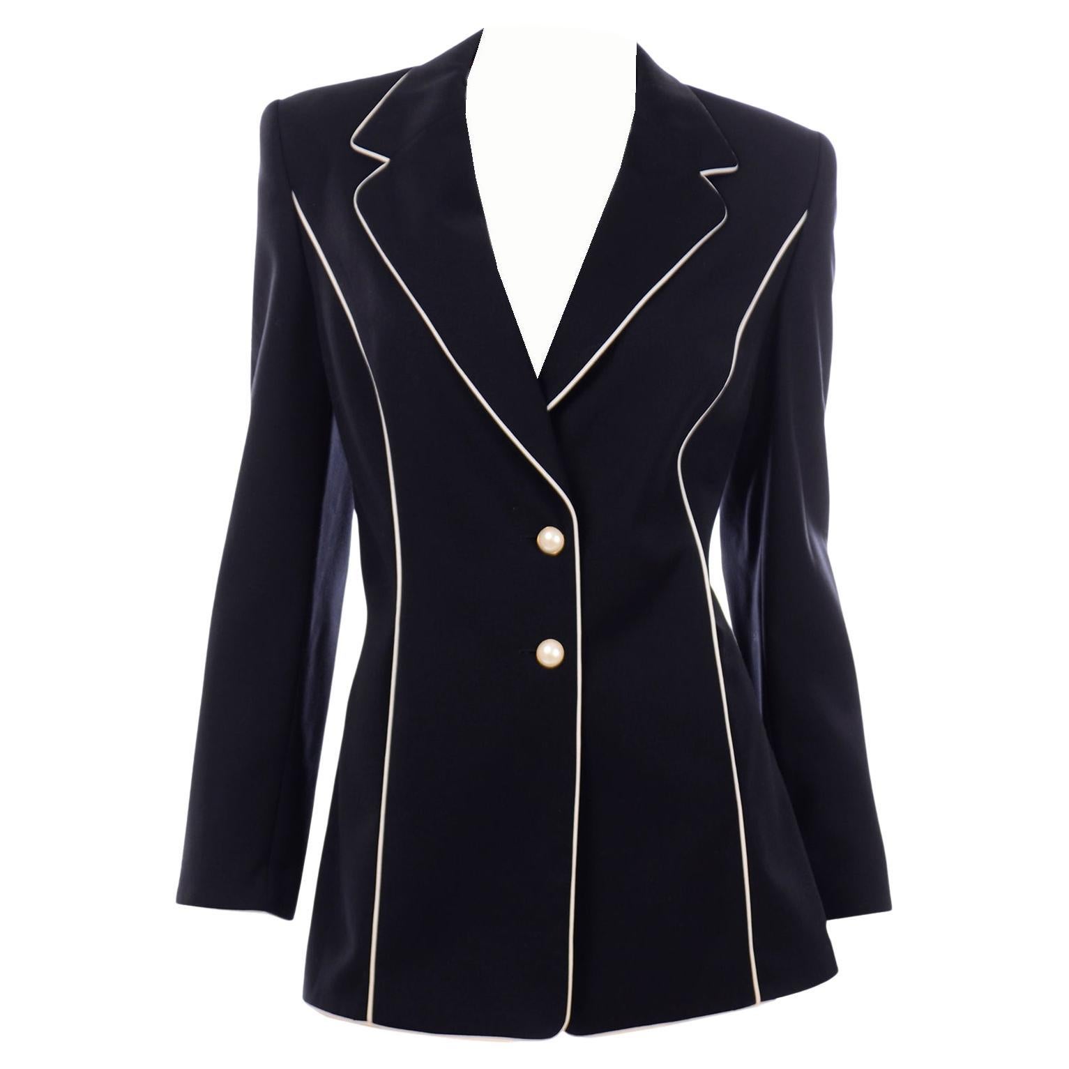 Vintage Escada Saks Fifth Avenue Midnight Navy Blue Blazer Jacket w White Trim For Sale