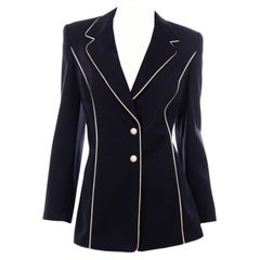 Vintage Escada Saks Fifth Avenue Midnight Navy Blue Blazer Jacket w White Trim