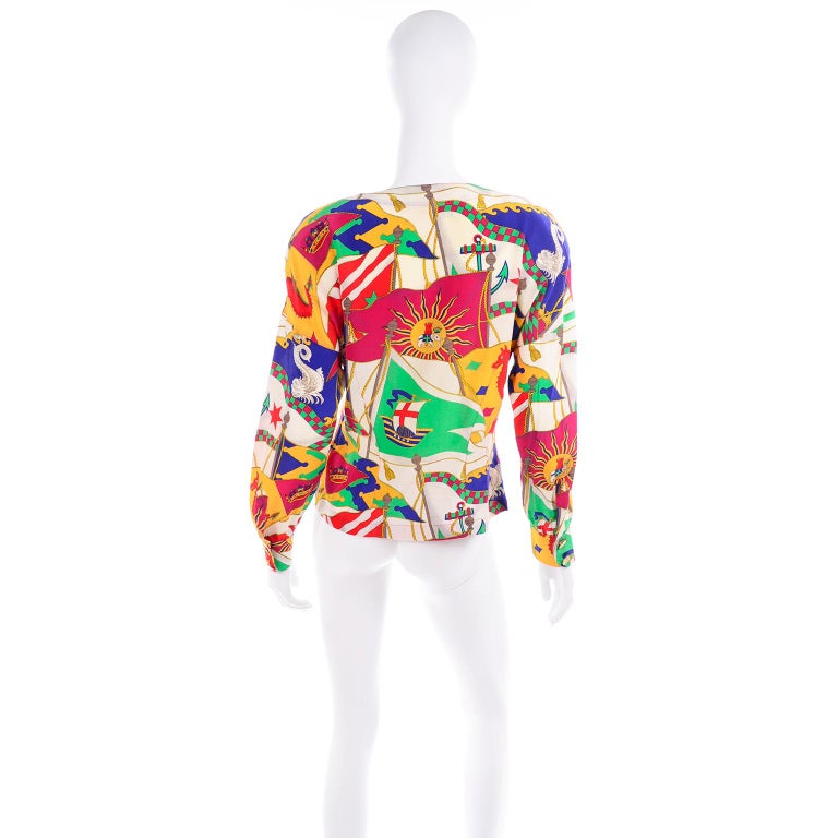 Vintage Escada Silk Novelty Print Red Blue and Green Blouse by ...