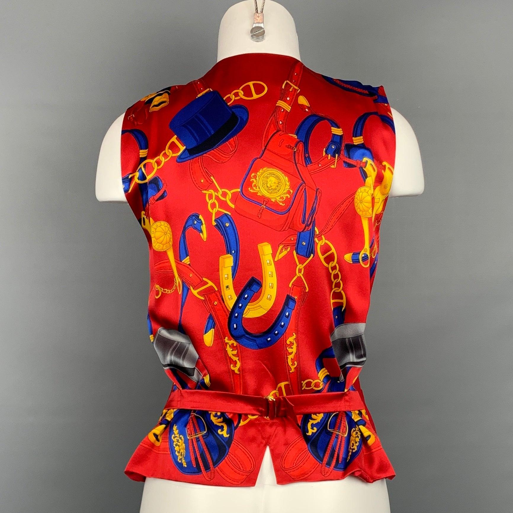 Women's Vintage ESCADA Size 4 Red & Blue Gold Silk Equestrian Vest For Sale