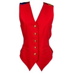 Vintage ESCADA Talla 4 Chaleco ecuestre de seda roja y azul dorada