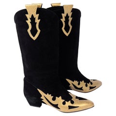 Vintage Escada Snakeskin Leather Black Suede Cowboy Style Boots 7.5