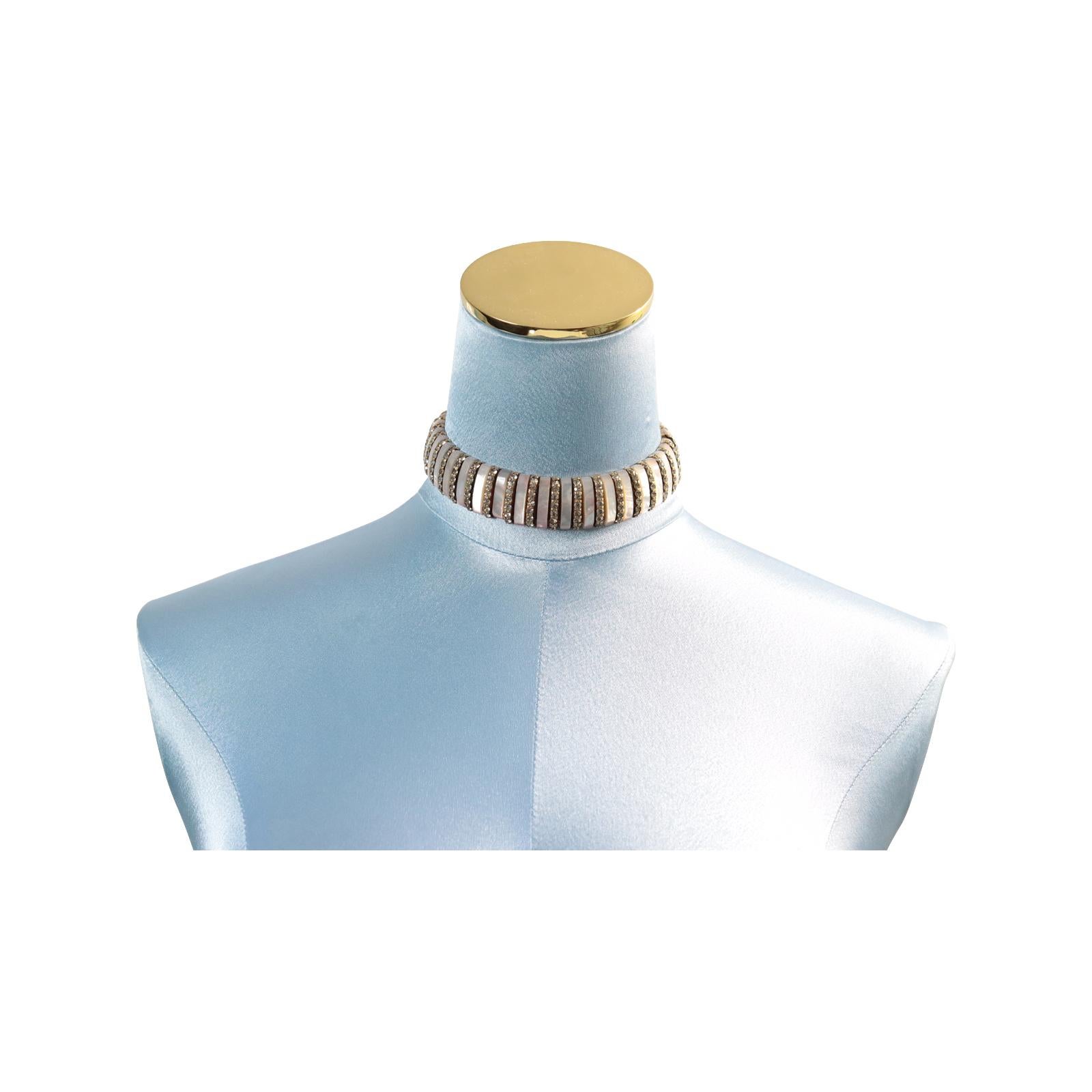 Vintage Esha Randel MOP with Diamante Bars Choker Circa 1950s.  This is a very tiny choker that is so elegant and looks like fine jewelry. The mother-of-pearl has a little hint of cream to pink when the light hits it. I have never seen another like