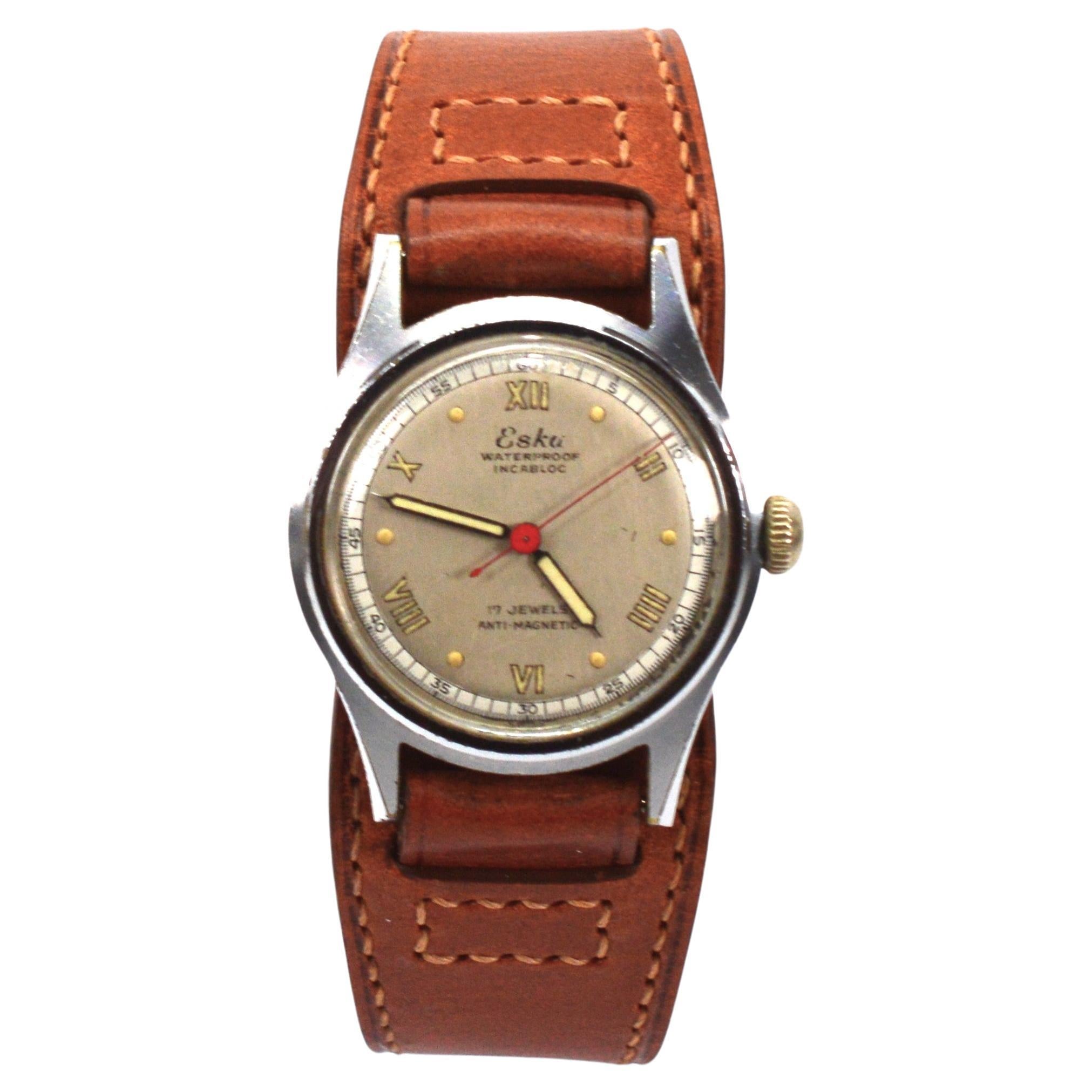 Vintage Eska Steel Military Style Men's Wrist Watch For Sale