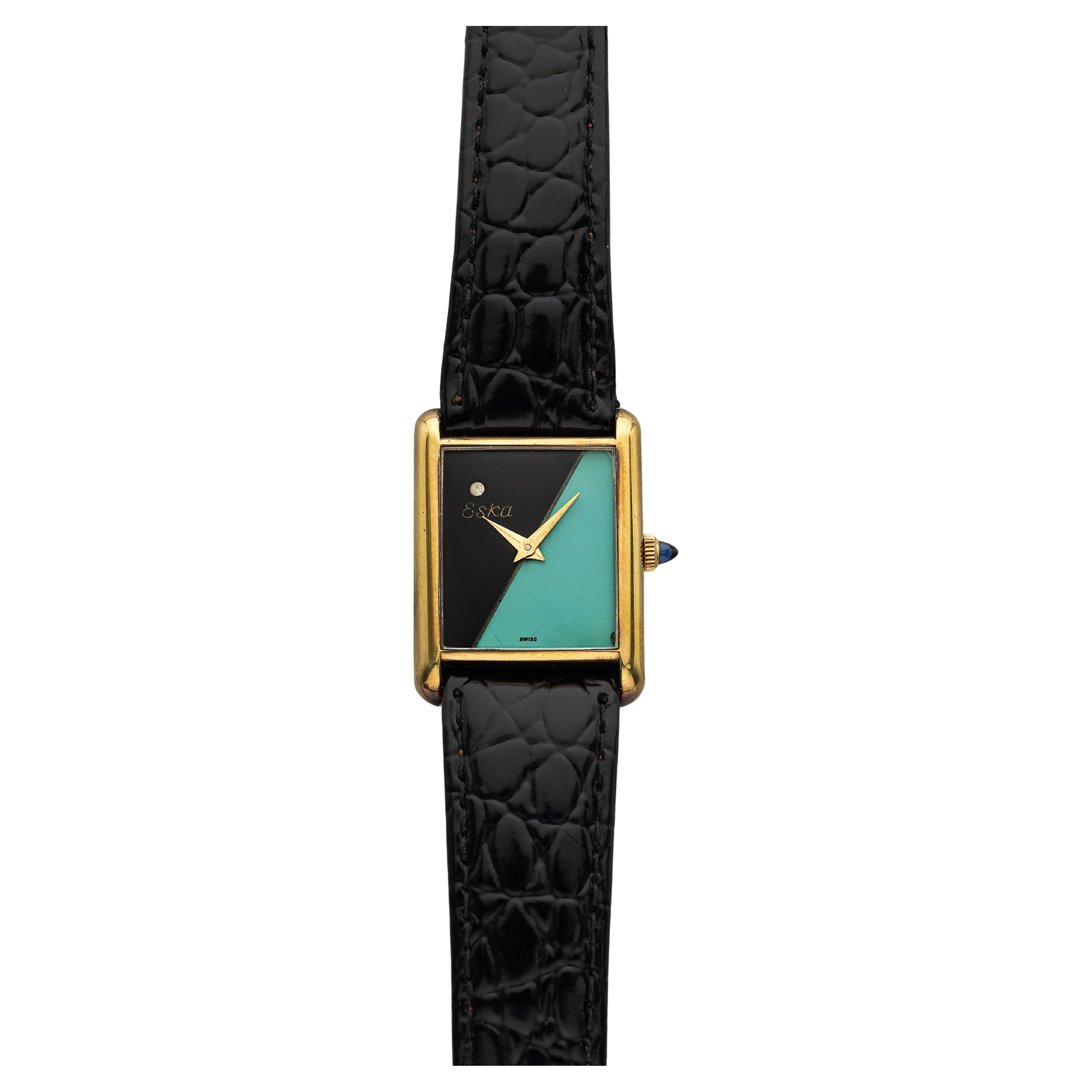 Vintage Eska Tank Gold-Plated Manual Wind Turquoise & Black Lacquered Dial 23mm