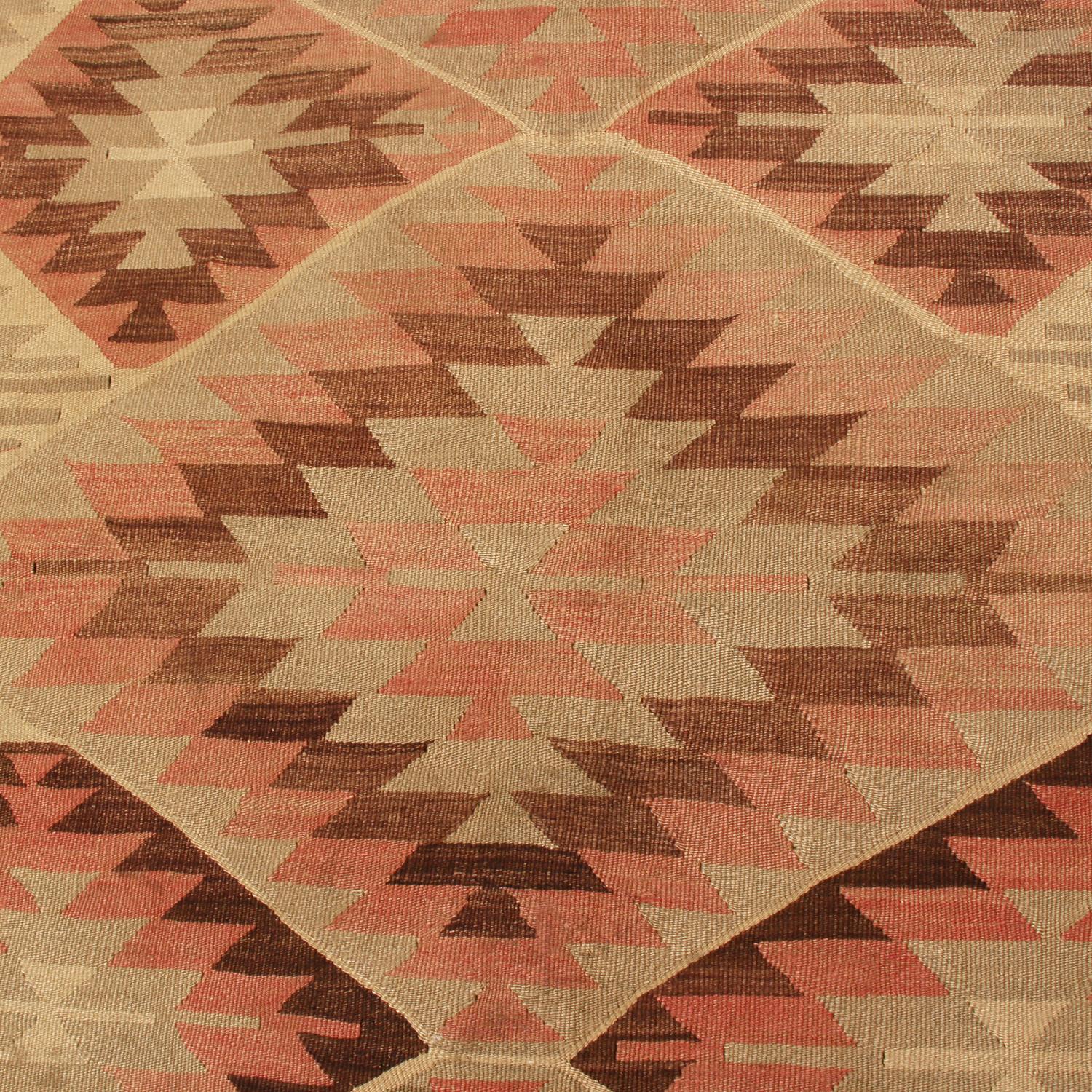 Hand-Woven Vintage Esme Beige Brown and Salmon Pink Wool Kilim Rug by Rug & Kilim For Sale