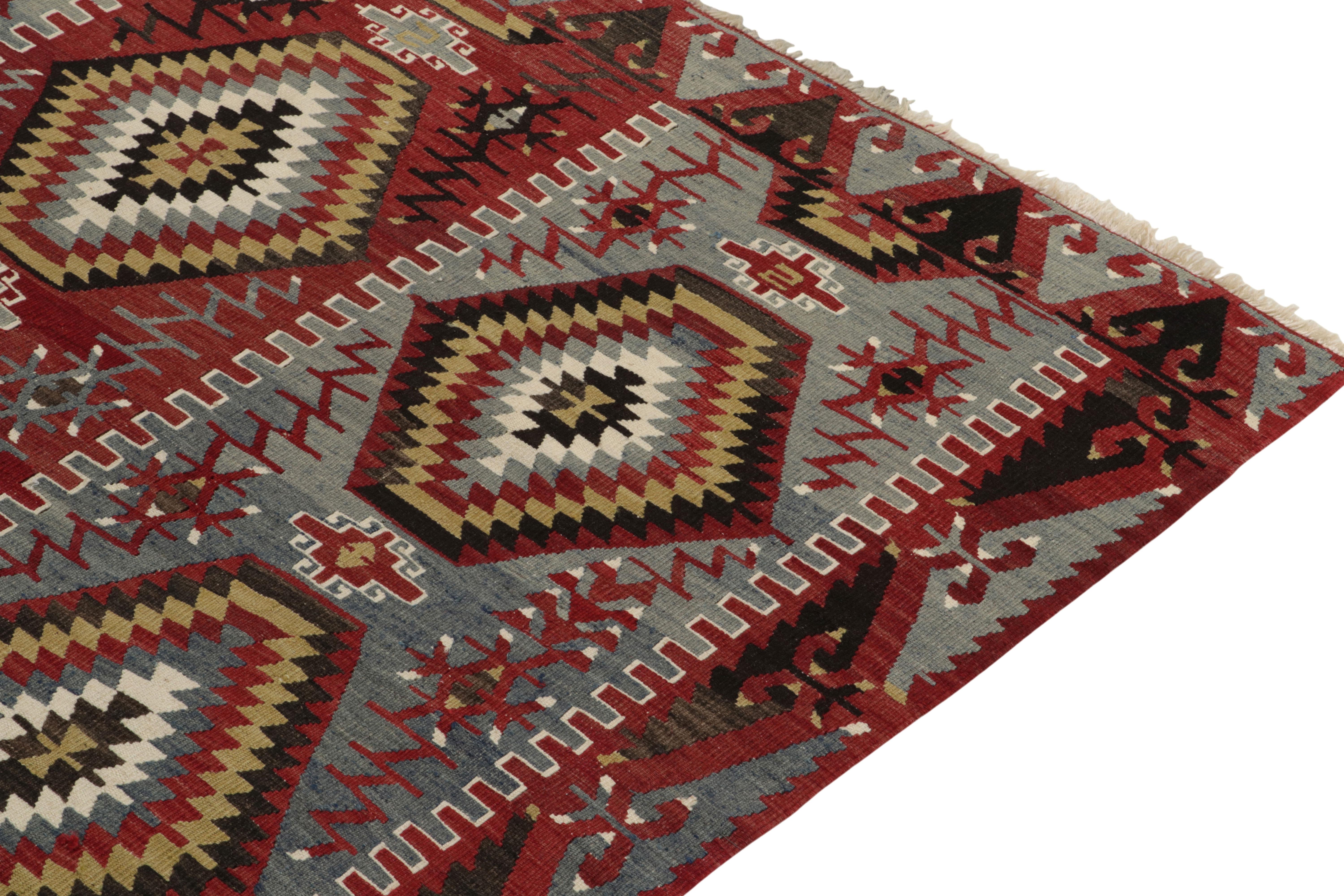 Hand-Woven 1950s Vintage Kilim in Blue, Red White Tribal Geometric pattern by Rug & Kilim For Sale