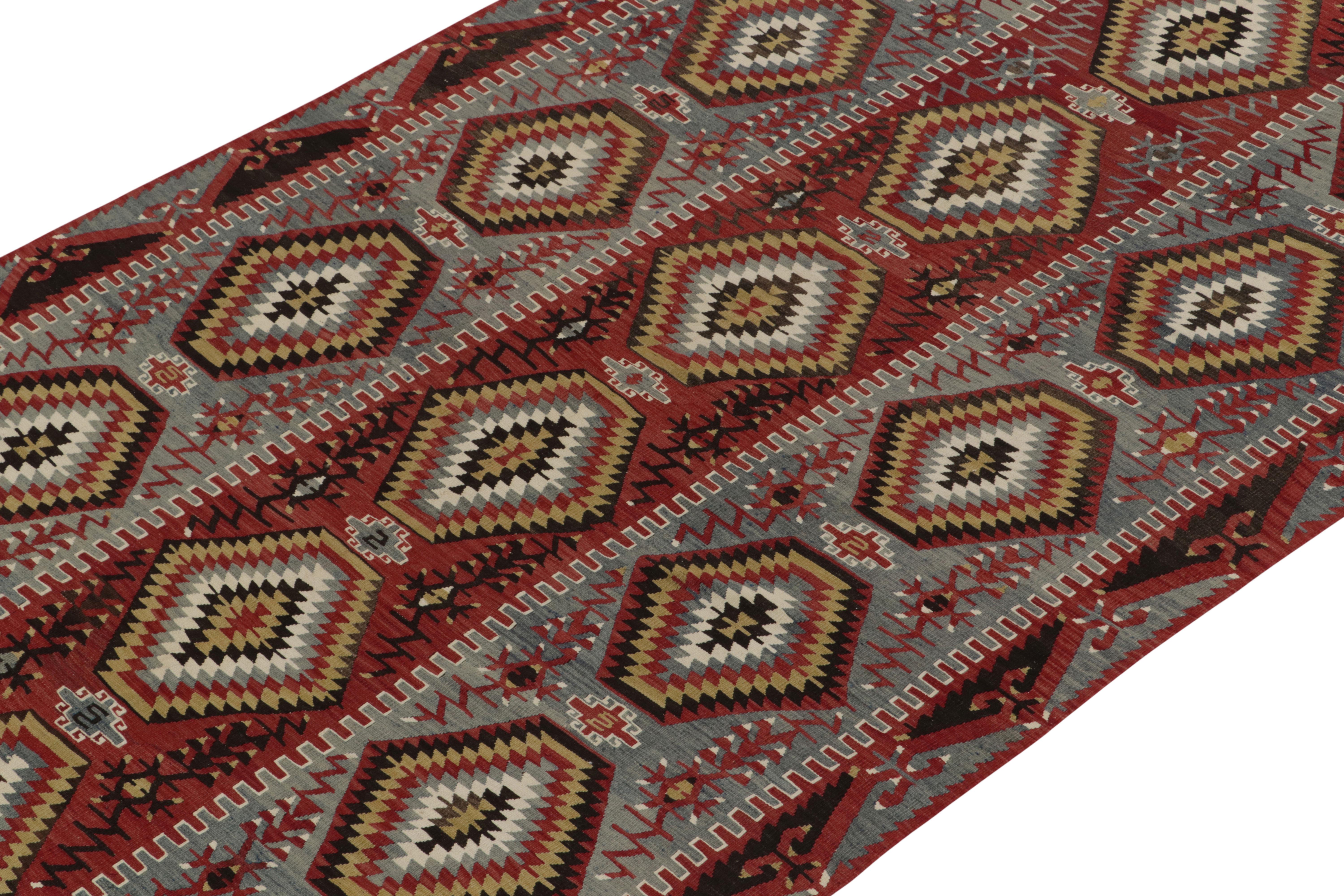 Turkish 1950s Vintage Kilim in Blue, Red White Tribal Geometric pattern by Rug & Kilim For Sale