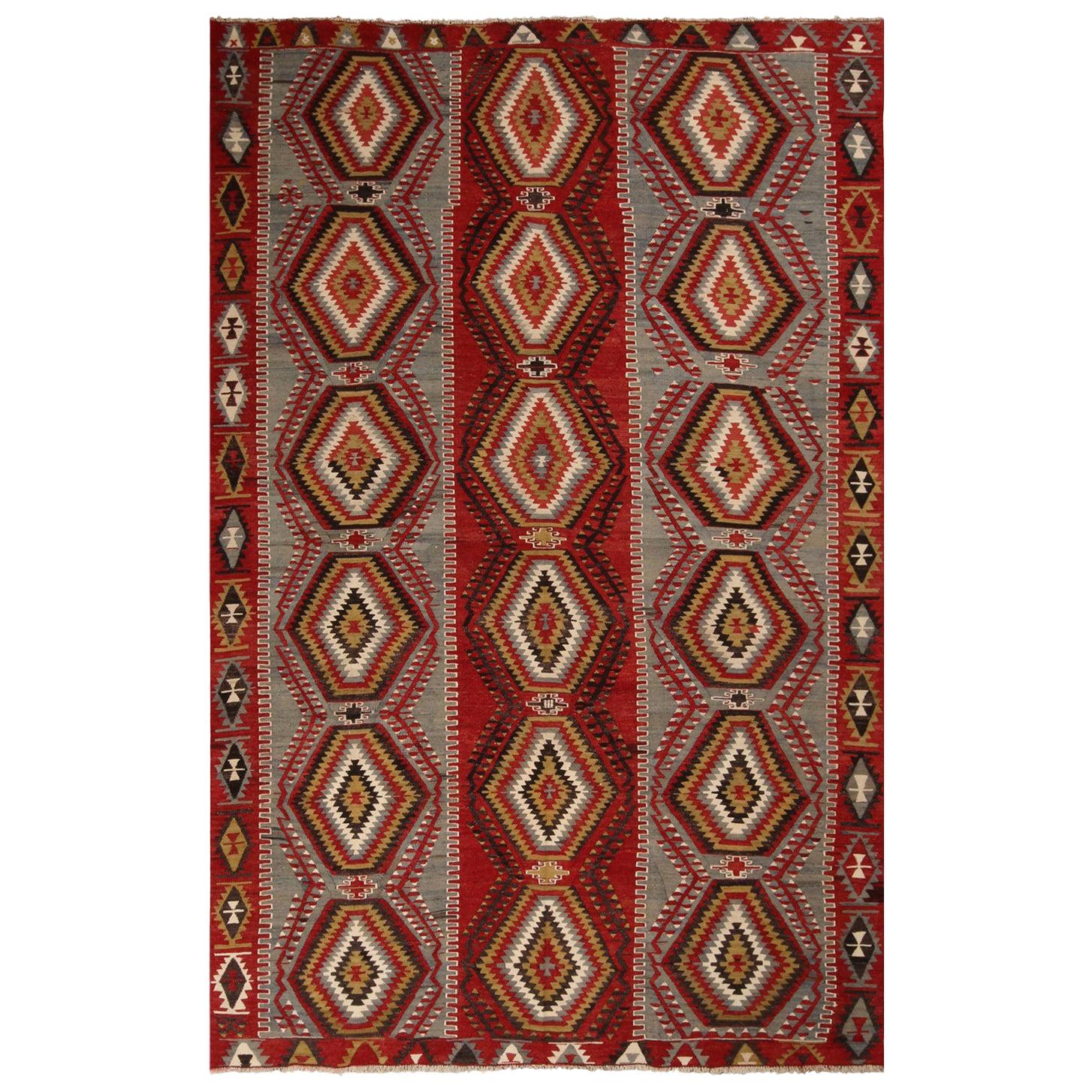 Vintage Esme Blue Red Wool Rug with Vibrant and Earth Tone Accent by Rug & Kilim For Sale