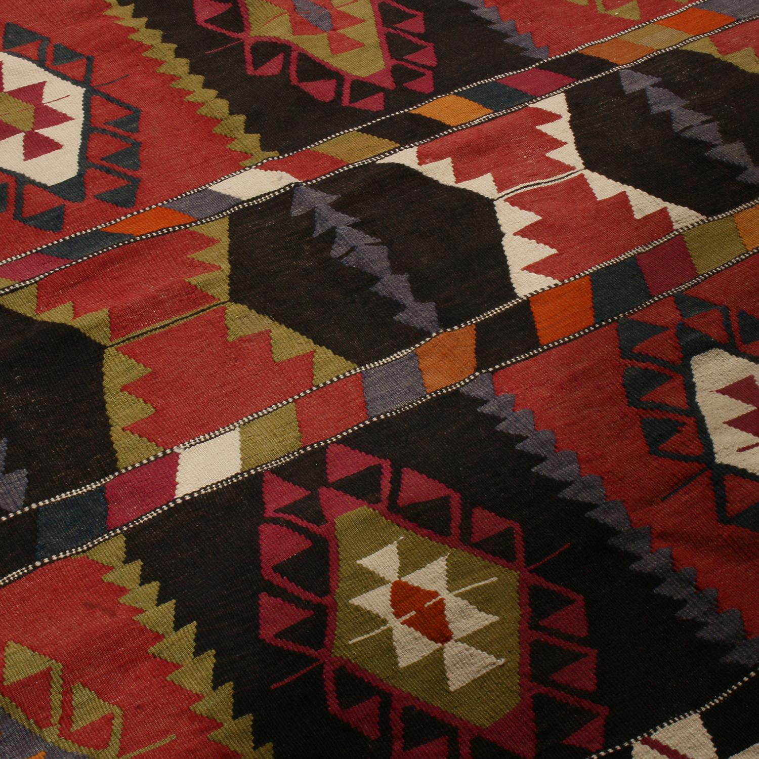 Turkish Vintage Esme Geometric Red and Black Wool Kilim Rug with Green and Blue Accents