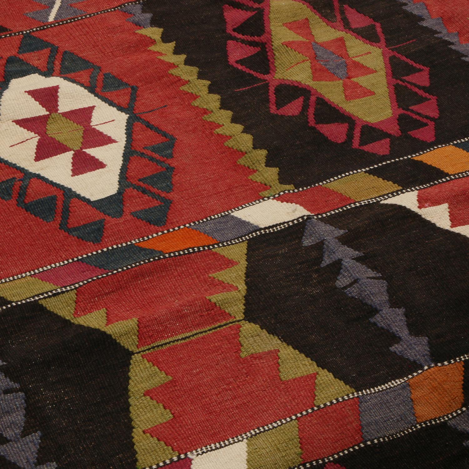 Hand-Woven Vintage Esme Geometric Red and Black Wool Kilim Rug with Green and Blue Accents