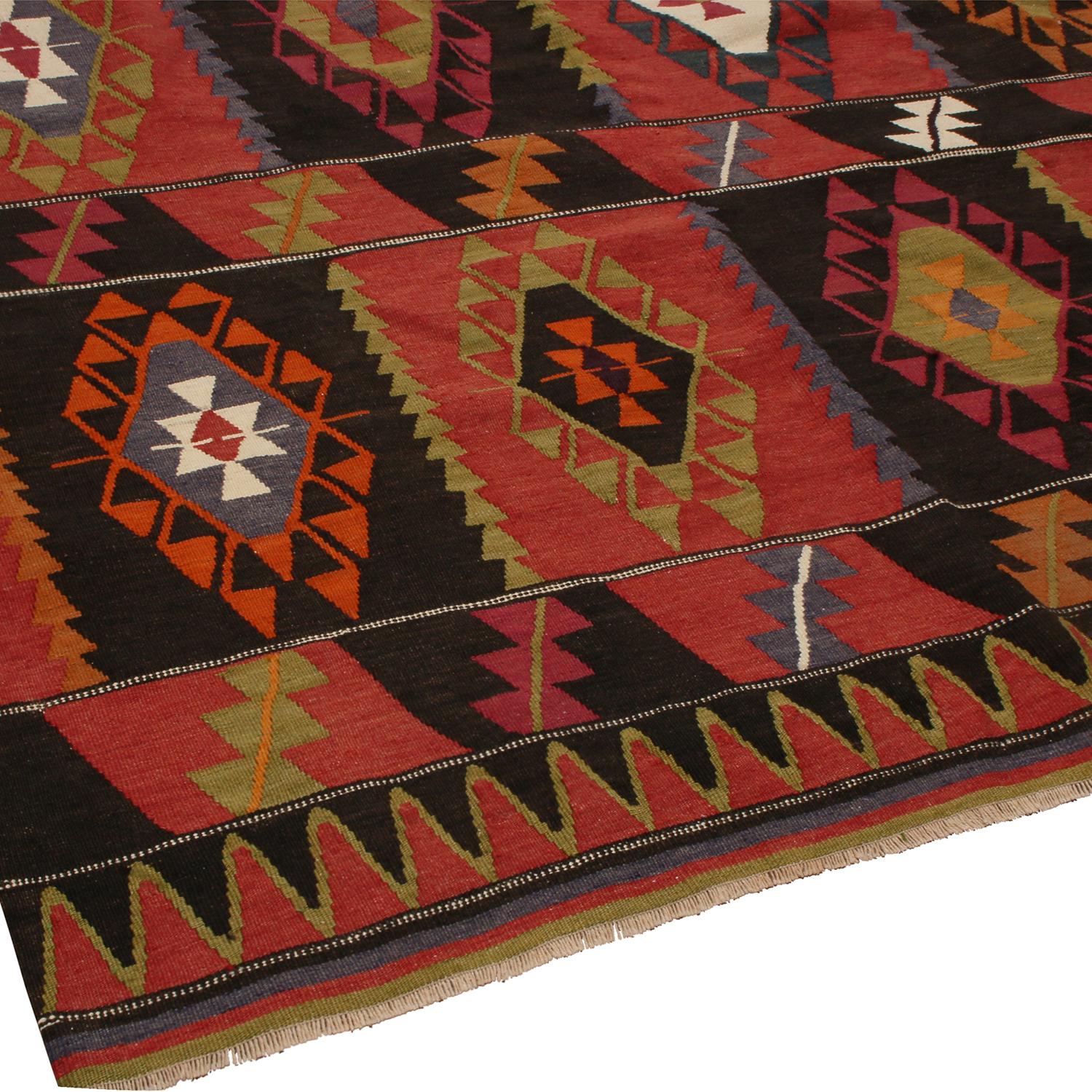 Vintage Esme Geometric Red and Black Wool Kilim Rug with Green and Blue Accents In Excellent Condition In Long Island City, NY