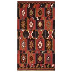 Vintage Esme Geometric Red and Black Wool Kilim Rug with Green and Blue Accents