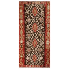 Vintage Esme Red and Brown Wool Kilim Rug with White and Green Accents