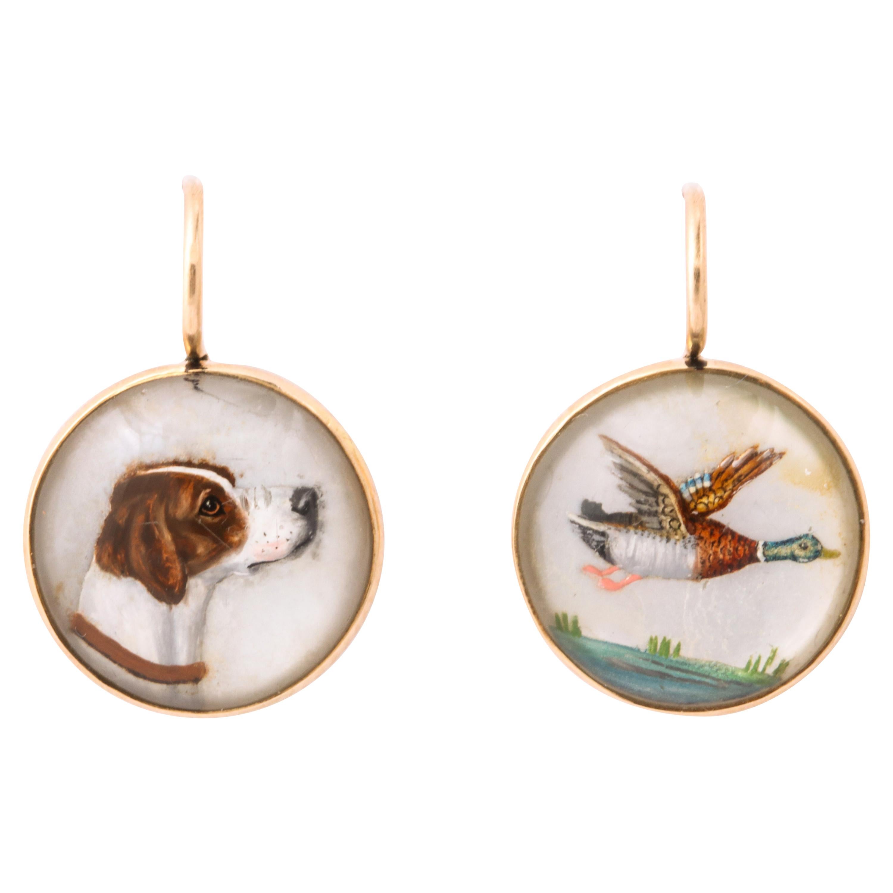 Vintage Essex Crystal Earrings of Pheasant and Hunting Dog