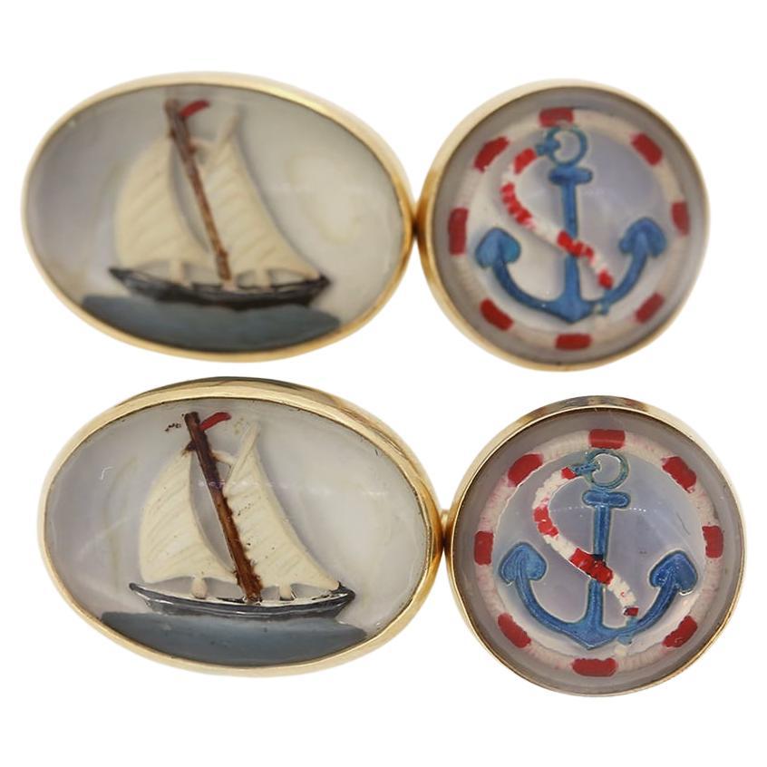 Boutons de manchette vintage Essex Crystal Sailing Boat and Anchor en vente