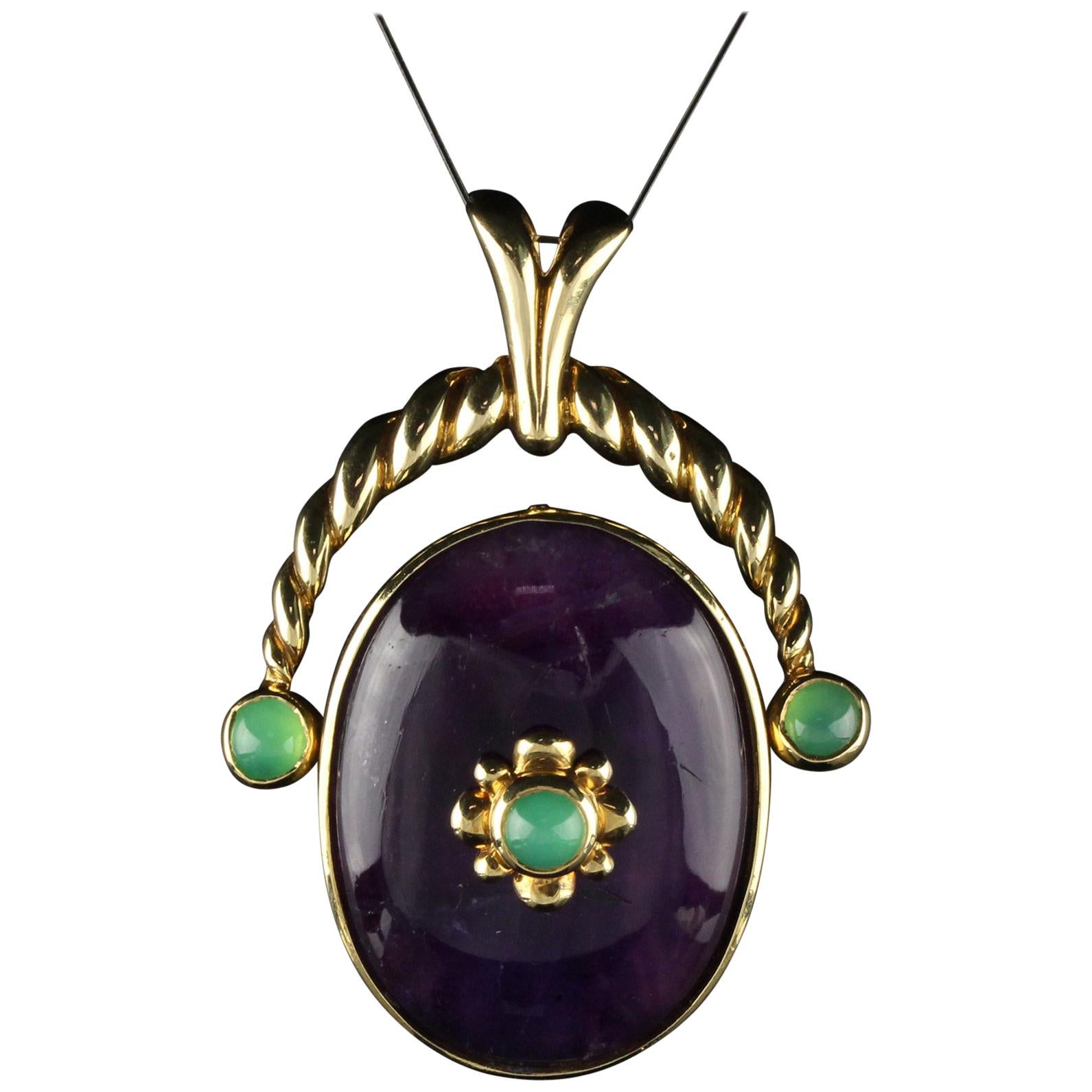 Vintage Estate 14 Karat/18 Karat Yellow Gold Amethyst and Chrysoprase Pendant For Sale