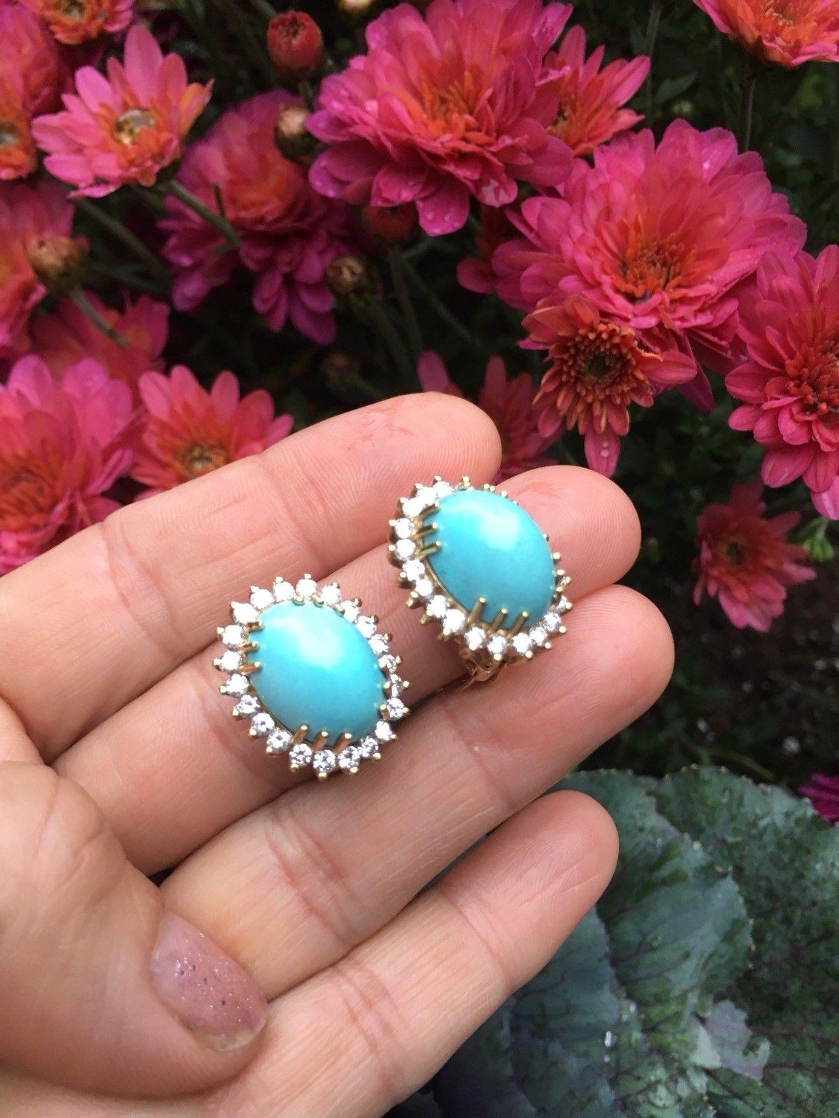 Estate 14 Karat Gold Turquoise Cabochon 1.75 Carat VS Diamond Stud Clip Earrings 1