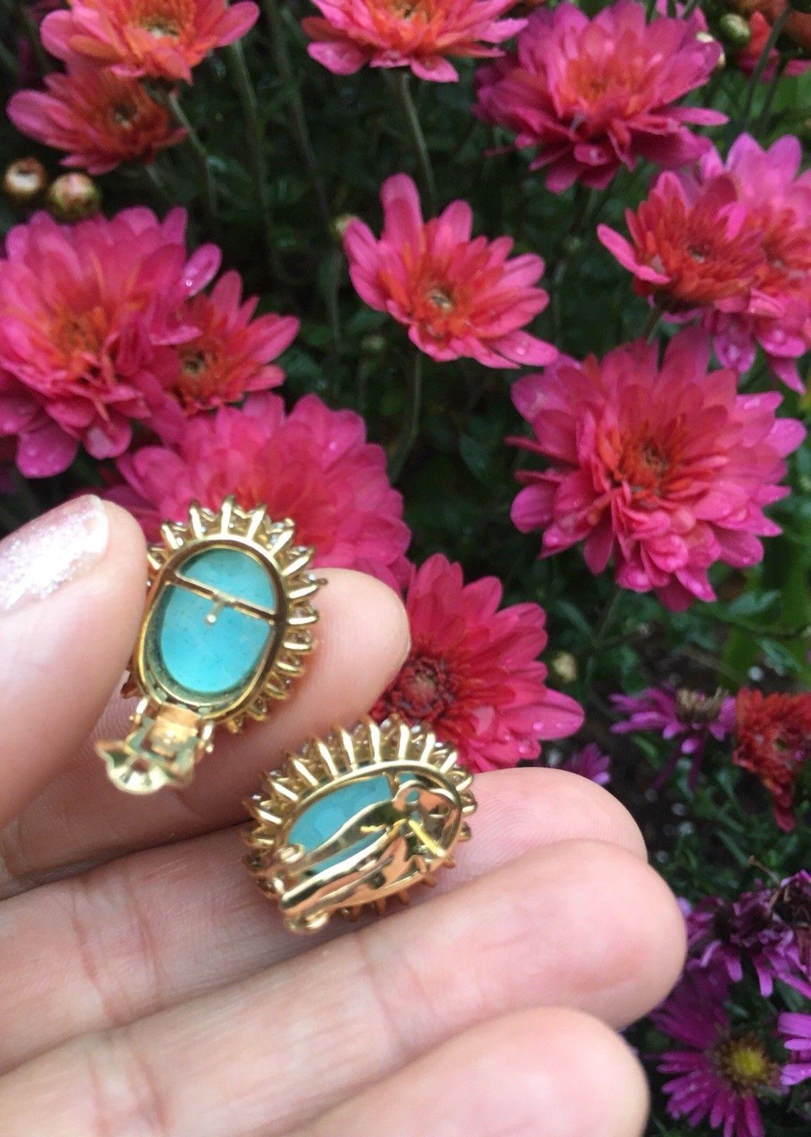 Estate 14 Karat Gold Turquoise Cabochon 1.75 Carat VS Diamond Stud Clip Earrings 3