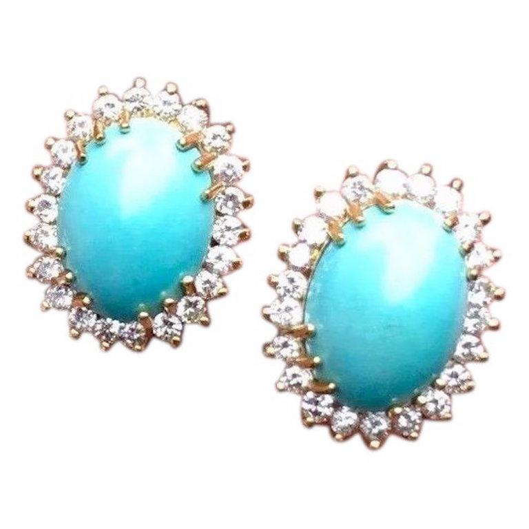 Estate 14 Karat Gold Turquoise Cabochon 1.75 Carat VS Diamond Stud Clip Earrings