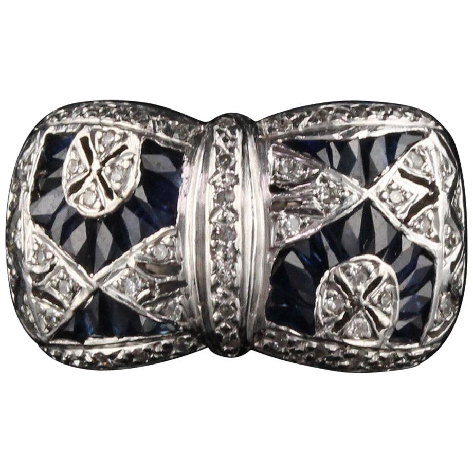 Vintage Estate 14 Karat White Gold Diamond and French-Cut Sapphire Ring