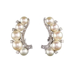 Vintage Estate 14 Karat White Gold Diamond and Pearl Earrings
