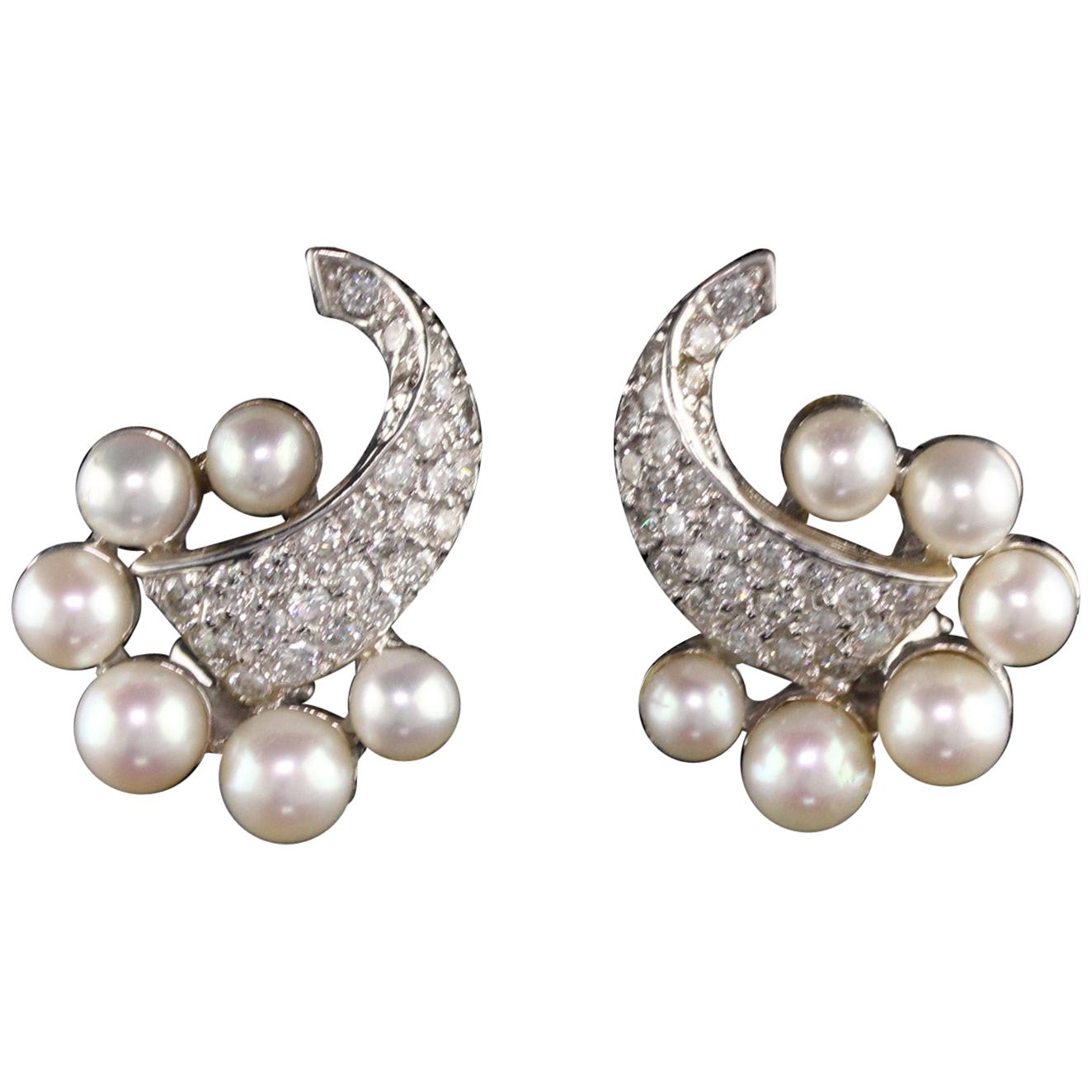 Vintage Estate 14 Karat White Gold Diamond and Pearl Earrings For Sale