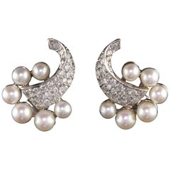 Boucles d'oreilles vintage en or blanc 14 carats avec diamants et perles, ancienne propriété