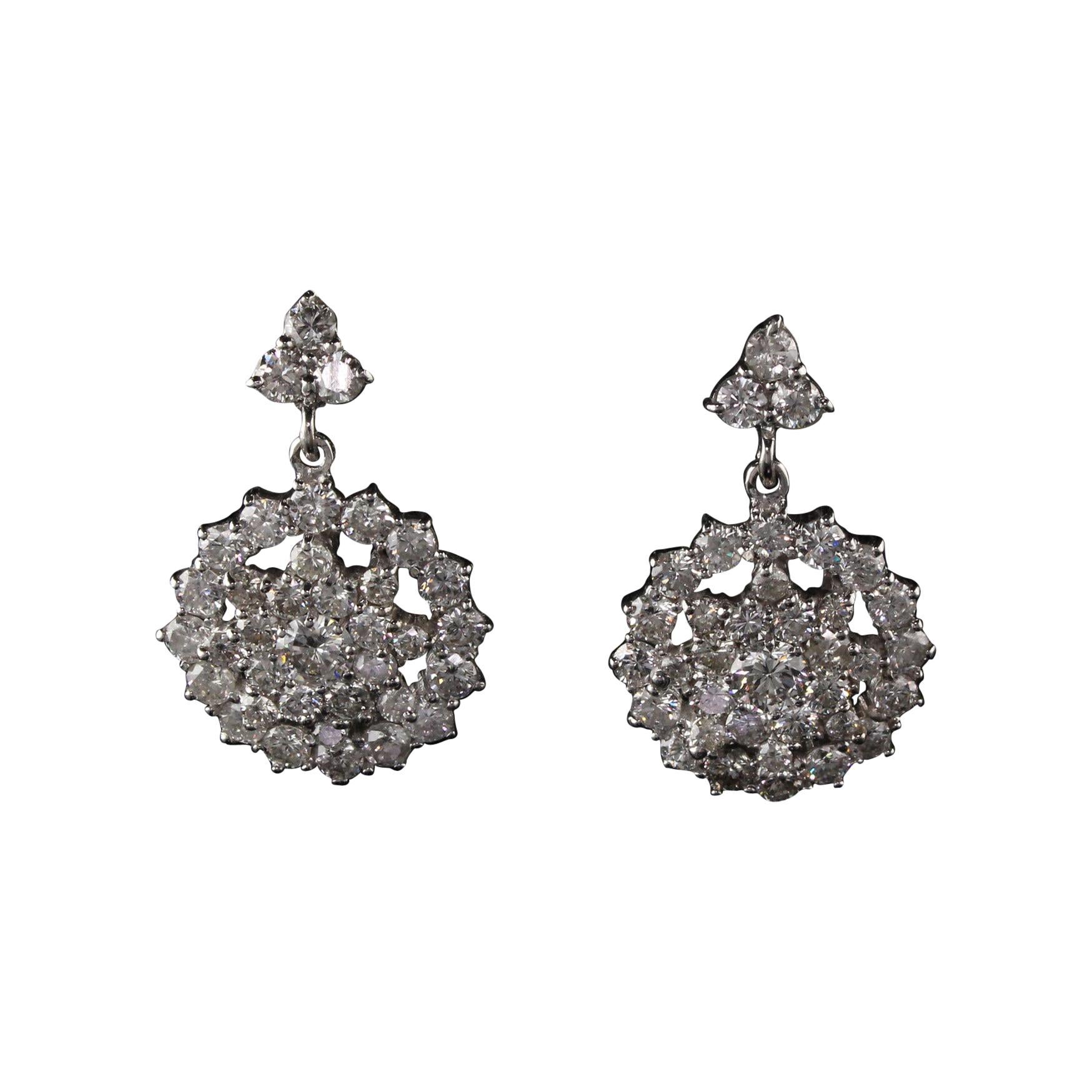 Vintage Estate 14 Karat White Gold Diamond Cluster Earrings For Sale